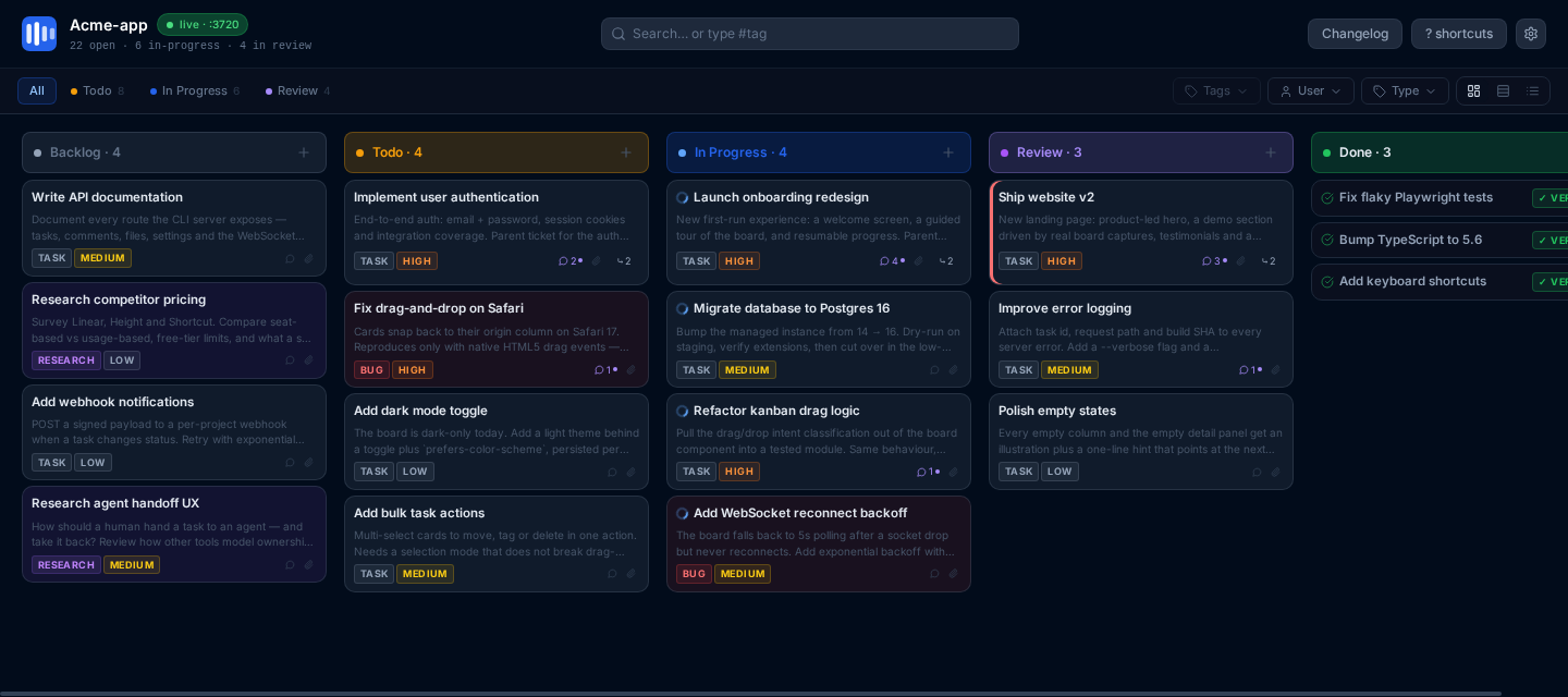 The Vibeflow kanban board the kanban command opens locally, with backlog, todo, in-progress, review and done columns populated with captured tasks.
