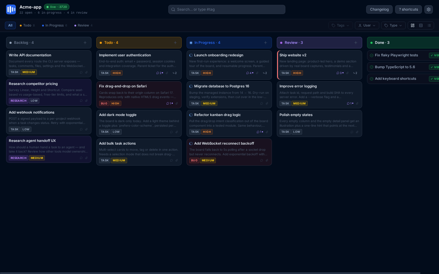 The Vibeflow kanban board running locally: a captured task is dragged out of one column and dropped into another, moving it to a different status while the board updates live.