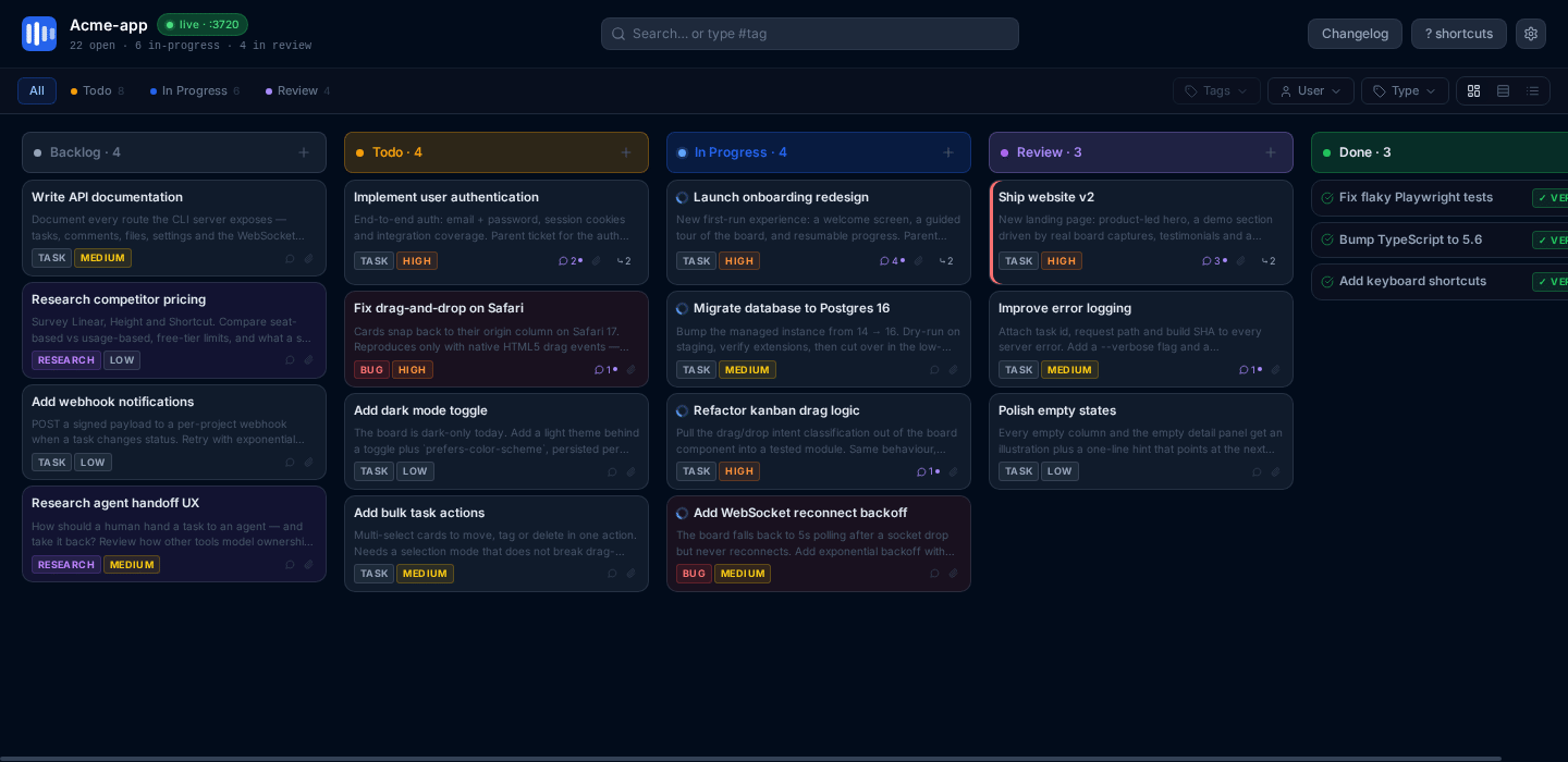 A parent task on the local Vibeflow board expanded to show its three child tasks inline, each tracked and claimable on its own.
