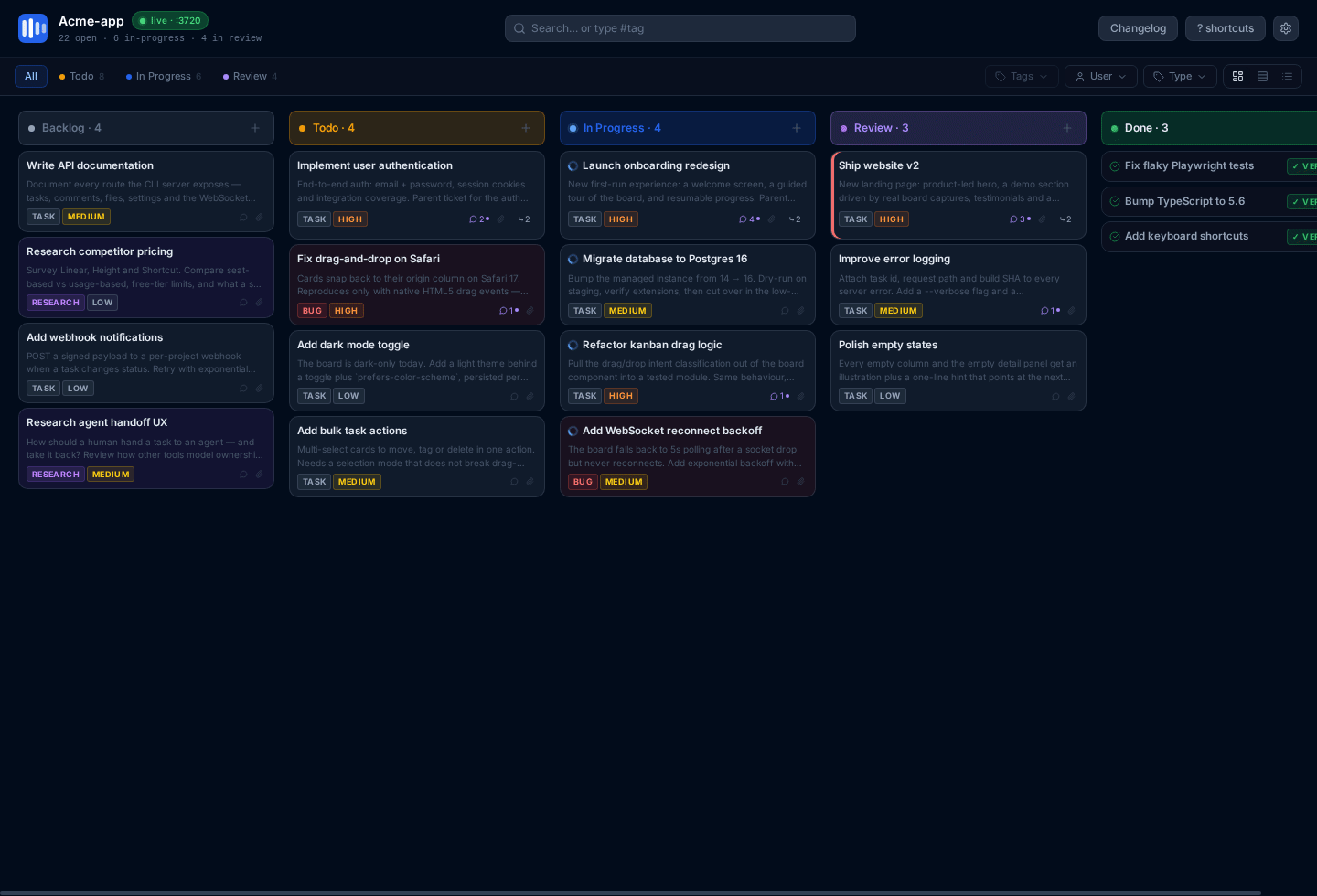 The task detail panel on the local Vibeflow board, showing the annotated task's title, a status row from backlog to done, description, tags, priority, author, and its child and related tasks.